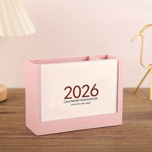 TEMU 2025 & 2026 생산성 캘린더 스탠드 다기능 데스크 정리함 (수납 상자, 귀여운 펜 홀더 & 메모 패드 포함), 홈 오피스 장식, 작업 공간 정리, 학습 플래너, 모던 정리함, 창의적인 디자인, 내구성 좋은 플라스틱, 실용적인 정리함|2025년달력