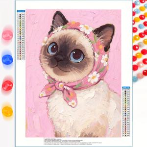 TEMU 귀여운 고양이와 핑크 스카프와 꽃이 있는 5D 라운드 풀 드릴 프레임리스 대형 페인팅 (30X40 Cm / 11.8X15.8 Inches). 초보자 및 공예 애호가에게 적합합니다.