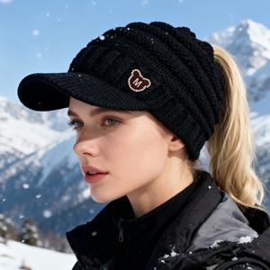 TEMU 1개 여성용 겨울 비니 모자 - 곰 로고 & 꼬리 구멍 - 스키, 크리스마스용 신축성 부드러운 탄성 캡 - 귀여운 곰 얼굴 리본 장식 (손세탁 가능) - 가볍고 따뜻한 헤어 액세서리