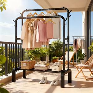 TEMU 1개 헤비듀티 모던 프리스탠딩 이동식 옷장 - 이중 행거봉 & 하단 선반 포함, 공간절약형 옷걸이 - 홈, 오피스, 침실, 세탁실용 - 철제 프레임 의류 정리대, 플라스틱 커넥터, 이동식 옷장 선반
