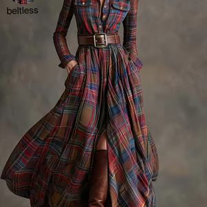 TEMU 여성용 우아하고 세련된 멀티컬러 체크 빈티지 롱 드레스, 오버사이즈 스커트 디자인, 스타일리시한 버튼업 슬림핏 칼라 셔츠 드레스, 파티와 모임에 완벽. 벨트 미포함|여성원피스