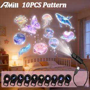 TEMU 3/6/10개 USB LED 프로젝터 램프 | 로즈, 고래, 나비, 구름, 하트, 행성, 깃털 패턴의 LED 드림 프로젝션 조명 - 조절 가능한 암, 플라스틱, USB 전원, 벽/천장 장식, 침대 옆 무드등, 생일 선물로 적합|무드등