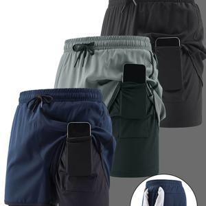 TEMU 남성용 캐주얼 단색 스타일리시 프린트 투인원 트레이닝 스포츠 퀵 드라이 드로스트링 반바지 3종 세트