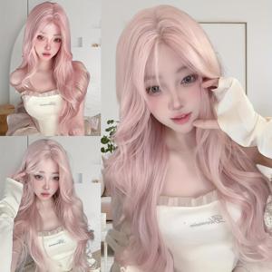 TEMU 26인치 긴 웨이브 핑크 가발, 에어뱅 여성용 미들 파트 라이트 핑크 코스프레 가발, 푹신하고 편안한 고품질 합성 가발, 코스, 데일리 파티용