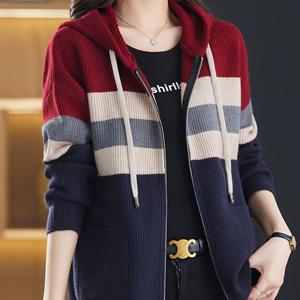 TEMU 여성용 우아한 후드 가디건 - 시크한 스웨터 코트, 지퍼 클로저, 네이비/베이지/그레이/블랙/화이트/레드 - 긴 소매 오픈 프론트 가을/겨울용, 사무실/파티/일상복 - 여성 아우터웨어, 패턴, 내구성 있는 니트웨어, 스타일리시 니트웨어, 고품질 스티칭, 다목적 탑, 패션 애호가용, 여성을 위한 아름다운 스웨터, 한국식 코트, 후드 지퍼