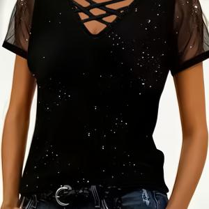 TEMU 여성용 우아한 크로스 오버 칼라 반팔 티셔츠 - 솔리드 컬러 여름 블라우스, 미디엄 스트레치 소재, 레귤러 핏 캐주얼 & 오피스웨어 - 반팔 탑 (손세탁 가능) - 우아한 스페셜 라인