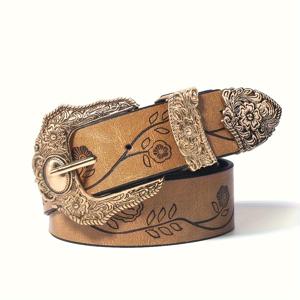 TEMU 3.8cm 와이드 여성 벨트 - 빈티지 엠보싱 합금 벨트, 플로럴 & 리프 디자인, 조절 가능한 핀홀 디자인, 드레스·청바지·셔츠용, 캐주얼·웨딩·파티 액세서리, 휴일 선물, 러스틱 엘레강스 버클