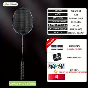 TEMU ALPSPORT AIR 풀 카본 초경량 10U 라켓 - 최대 30LBS, 프로 공격형, 사전 스트링(24LBS) & 사전 랩핑 그립(바로 사용 가능), 액세서리 포함 | 초보자부터 중급자까지 (훈련/경기용)