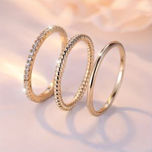 TEMU 여성용 3피스 세트 (플레인 밴드, 반짝이는 비즈, 풀 원형 지르코니아 반지 포함). , 파티, 고급 선물용으로 완벽합니다.