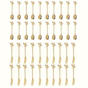 TEMU 40피스 골든 리프 디자인 미니 포크와 커피 스푼 세트 - 내구성, 녹 방지, 세척이 쉬운 스테인리스 스틸 식기 - 가정, 주방 및 레스토랑 사용에 이상적 - 크리스마스, 할로윈, 부활절, 하누카, 추수감사절에 적합
