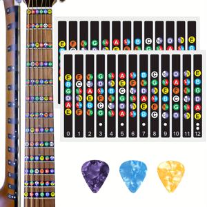 TEMU 2개 자체 접착 기타 프렛보드 스티커, 기타 피크 3개 포함 (색상은 랜덤), 피크 두께 0.71mm, 프렛보드용 코드 음표 스티커 - 초보 기타 연주자를 위한 최고의 학습 도구