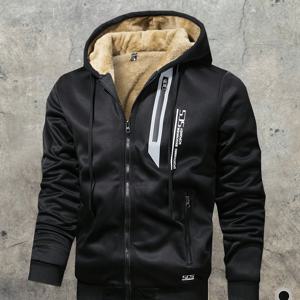 TEMU 남성용 두꺼운 플리스 가디건, 후드형, 따뜻한 프린트 레터링