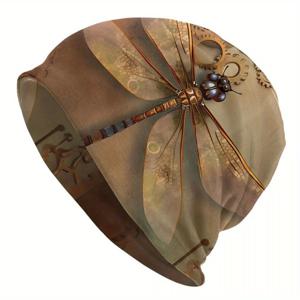 TEMU 스팀펑크 잠자리 프린트 비니 모자, 남성용 멋진 니트 모자, 폴리에스터 및 엘라스테인 블렌드, 챙이 없는 스트레치 머리 덮개