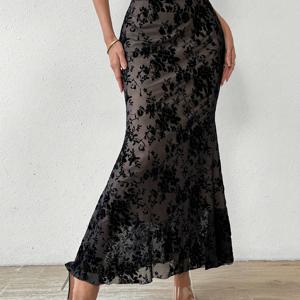 TEMU 디렉셔널 99091204 하이웨이스트 플로랄 플로킹 메쉬 슈퍼 롱 머메이드 스커트