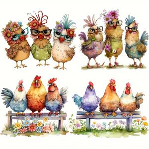 TEMU 색상의 닭과 꽃 열전사 스티커 4개입 - 티셔츠, 후드티, 재킷, 캔버스 가방, 쿠션에 적합한 다용도 다리미 부착 패치. 활성화