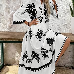 TEMU 유럽 및 미국 스타일의 우아한 봄/가을 스타일, V넥 버튼 플레어 롱 슬리브, 페일리 프린트, 대형 A라인 실루엣 롱 셔츠 드레스, 지향성 펀드