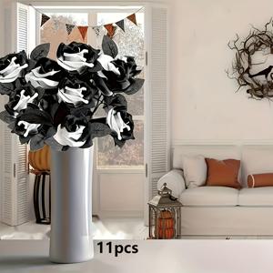 TEMU 11송이 인공 검은 장미 꽃 세트, 각기 단일 줄기, 신부 부케에 완벽, 가정, 정원 파티 및 할로윈, 크리스마스와 같은 휴일 장식에 적합한 사실적인 디자인 (검정색 및 흰색)