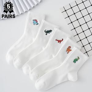 TEMU 공룡 프린트 미드 튜브 양말 5켤레 - 부드럽고 편안한 솔리드 컬러 캐주얼 양말