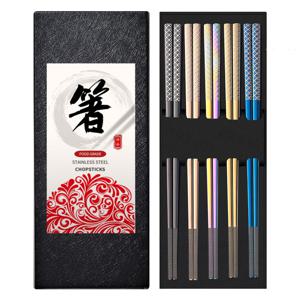 TEMU 5쌍, 304 스테인리스 스틸 젓가락 세트, 선물용 포장, 레이저 각인, 재사용 가능, 사각 미끄럼 방지 디자인, 다색 세트, 식기세척기 안전, 9.3인치/23.6cm