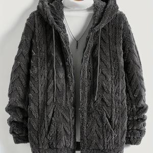 TEMU 남성용 따뜻한 양면 플리스 자카드 후드 캐주얼 긴팔 코트