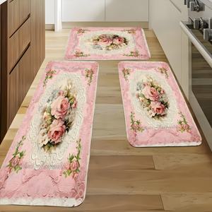 TEMU 2개 또는 3개 세트, 부드러운 스펀지 흡수성 미끄럼 방지 주방 러그 (봄, 여름용 핑크 꽃무늬 디자인), 세탁기 사용 가능한 욕실 매트 세트, 침실, 주방, 거실 및 욕실 현관 매트에 적합