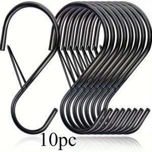 TEMU 대부분의 막대에 적합한 대형 개구부가 있는 10개 블랙 S자형 후크 안전 버클, 청바지, 옷, 지갑, 식물, 주방 냄비, 프라이팬, 후크를 걸기 위한 헤비듀티 S자형 옷장 훅