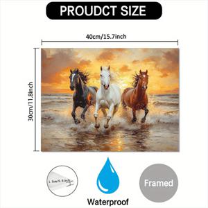 TEMU 해변에서 달리는 세 마리의 말 캔버스 벽 예술 - 석양 바다 풍경과 돌진하는 세 마리 말, 짠 나무 프레임, 생동감 있는 색상, 거실, 욕실, 주방 장식용으로 걸 수 있음 - 크리스마스, 생일, 졸업을 위한 완벽한 선물, 거실 장식 | 역동적인 바다 풍경 | 따뜻한 컬러 팔레트, 말 애호가 선물
