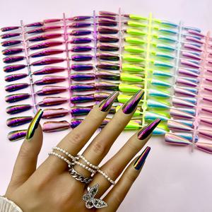 TEMU 7색 믹스 앤 매치 컬러풀 네일 시트, 슈퍼 롱 오로라 판타지 미러 롱 발레 네일, 플래싱 부티크 패션 쿨 개성 긴 T자형 인조 손톱 완성 착용 가능한 네일 플레이트