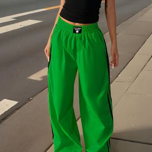 TEMU SY 트렌디 여성용 레드 & 그린 컬러 블록 캐주얼 드로스트링 팬츠