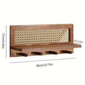 TEMU 1개 나무 벽걸이 수납 선반, 열쇠 걸이 선반, 벽 장식용 거치대, 원목 벽걸이, 드릴링 설치 필요, 짚 장식, 4개의 열쇠 고리 포함, 키·헤어 액세서리 등 소품 걸기 가능