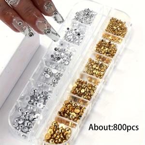 TEMU 12구획 반원형 골드+실버 진주 네일 참 메탈릭 플랫백 비즈 볼 혼합 사이즈 네일 진주 네일 젬 네일 용품