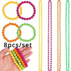 TEMU 8pcs 레트로 네온 글로우 파티 세트 - 밝은 플루오레스 목걸이 및 팔찌 콤보, 아크릴 청크 스타일 액세서리, 80년대 테마 이벤트, 생일, 크리스마스 및 축하, 음악 축제 의상 | 밝은 액세서리 세트 | 내구성 플라스틱 보석