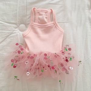 TEMU 봄/여름 강아지, 고양이 테디 비숑 요키 포메라니안 드레스 - 체리 프린트 퍼피 스커트