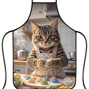 TEMU 1개 유쾌한 고양이 셰프 앞치마 블루 포켓 포함 - 귀여운 요리하는 고양이 디자인, 내구성 있는 폴리에스터 원단, 조절 가능한 목 스트랩 및 신축성 허리밴드, 집/카페/주방용 - 고양이 애호가를 위한 재미있는 주방 액세서리 선물, 펫 테마 선물 아이템