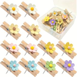 TEMU 18개 나무 꽃 압정 클립 포함 - 컬러풀 푸시핀, 코르크보드, 게시판, 지도, 사진, 메모용 - 홈 오피스 장식용 미니 꽃 압정 (18개)