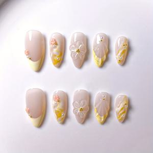 TEMU 수제 아몬드 모양 오렌지-옐로우 프렌치 그라데이션 3D 꽃 껍질 패턴 진주 벚꽃 고급스러운 프레쉬 스타일 인조 네일 10개입