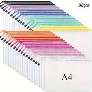 TEMU A4 사이즈의 메시 지퍼 파우치 36개 세트, 11가지 색상으로 제공 – 사무실, 보드 게임 및 퍼즐 보관에 적합한 튼튼한 플라스틱 보관 가방