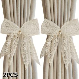 TEMU 2개 세트 고급스러운 인조 진주 레이스 리본 커튼 타이, 모기장 커튼 고정 스트랩, 가벼운 럭셔리 로맨틱 커튼 타이