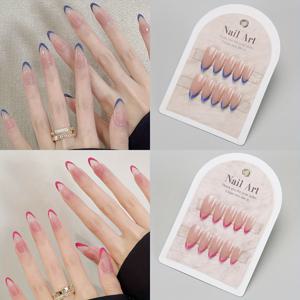 TEMU 프렌치 팁 프레스온 네일 - 블루/핑크 에지, 아몬드형 미디엄 길이 풀 커버리지 인조네일 - 여성용, 데일리웨어, 파티, 웨딩 - 광택감 있는 탈부착 네일 아트