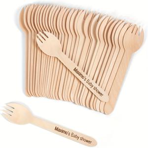 TEMU 50/100/200개 맞춤형 나무 포크와 스푼 세트, 16cm 목재 컷러리 콤보, 디저트 포크 & 샐러드 식기, 웨딩 선물 파티 용품