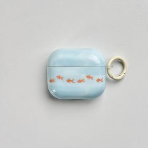 TEMU 귀여운 블루 이어폰 케이스 - 코이 금붕어 흰색 스플래시 잉크 패턴, 화이트 링 커버 (AirPods Pro 2/Pro/4/3/2 호환)