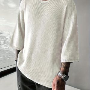 TEMU 남성용 새로운 유럽 및 미국 스타일 니트 스웨터. 라운드넥, 드롭 숄더, 반팔 디자인으로 캐주얼하고 다재다능한 풀오버 스타일입니다. 솔리드 컬러로 편안한 스트리트 스타일에 완벽합니다.|반팔니트