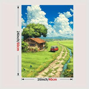 TEMU [2D 플랫] 1pc 애니메이션 스타일 평화로운 농촌 풍경 캔버스 프린트 - 청색 하늘 캐빈 & 쌀 밭 벽화, 프레임 없는 홈 데코, 축제 및 선물에 이상적, 풍경 장식