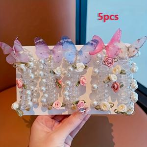 TEMU 나비 머리끈 5개 세트 - 스타일리시한 메시 나비 및 비즈 전화선 헤어 밴드, 여성용 소프트 컬러, 데일리 및 휴일용으로 이상적, 귀여운 헤어 액세서리