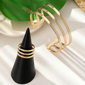 TEMU 2개 세트 스테인리스 스틸 중공 삼중 레이어 오프 팔찌 + 반지 세트, 여성용 트렌디 조절 가능한 주얼리 - 데일리 웨어와 행사용 다재다능 액세서리