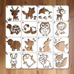 TEMU 16pcs 새로운 동물 재사용 스텐실 세트 - 캔버스와 유리 DIY 홈 데코에 완벽 - 선물 프로젝트 장식/선물 아트 데코, 나무 페인팅, 동물 테마, 지울 수 있는 재질, 내구성 있는 스텐실, 공예 용품, 초보자 공예