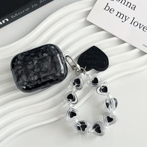 TEMU 에어팟 4/Pro 2세대/Pro 3세대용 블랙 쉘 패턴 케이스, 에어팟 Pro/3호환, 에어팟 2/1용 케이스, 블랙 하트 참 포함