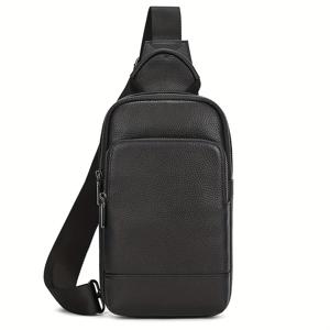 TEMU 남성용 블랙 천연 가죽 체스트백, 대용량 소가죽 크로스바디 백, 캐주얼 여행용 숄더백|힙색