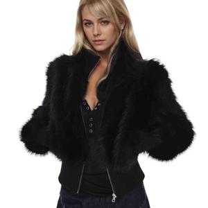 TEMU 여성용 스탠드업 칼라 블랙 인조 퍼 코트 - 숄더부터 숄더까지 컷, 지퍼형, 푹신한 긴소매