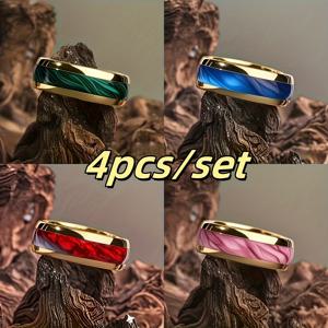 TEMU 304L 스테인리스 스틸으로 제작된 고급스러운 남녀공용 반지 4개 세트. 304L 스테인리스 스틸로 제작되었으며, 화려한 골드 옐로우 무드 디자인으로 연차 기념일, 생일, 십 대에게 적합합니다.